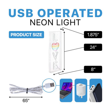 LOVE 8" X 24" Contemporary Glam Acrylic Box USB Operated LED Neon Light - JONATHAN Y